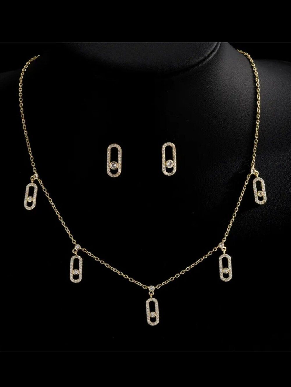 14K Gold Plated Geometrical Link Paperclip Inspired Diamond Necklace & Earrings